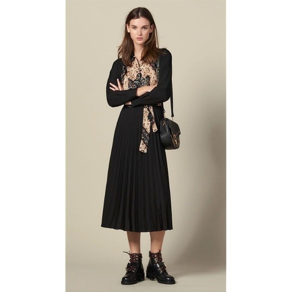 Sandro Paris Paisley Floral Pleated Shirt Dress Womens L Black Bohemian
